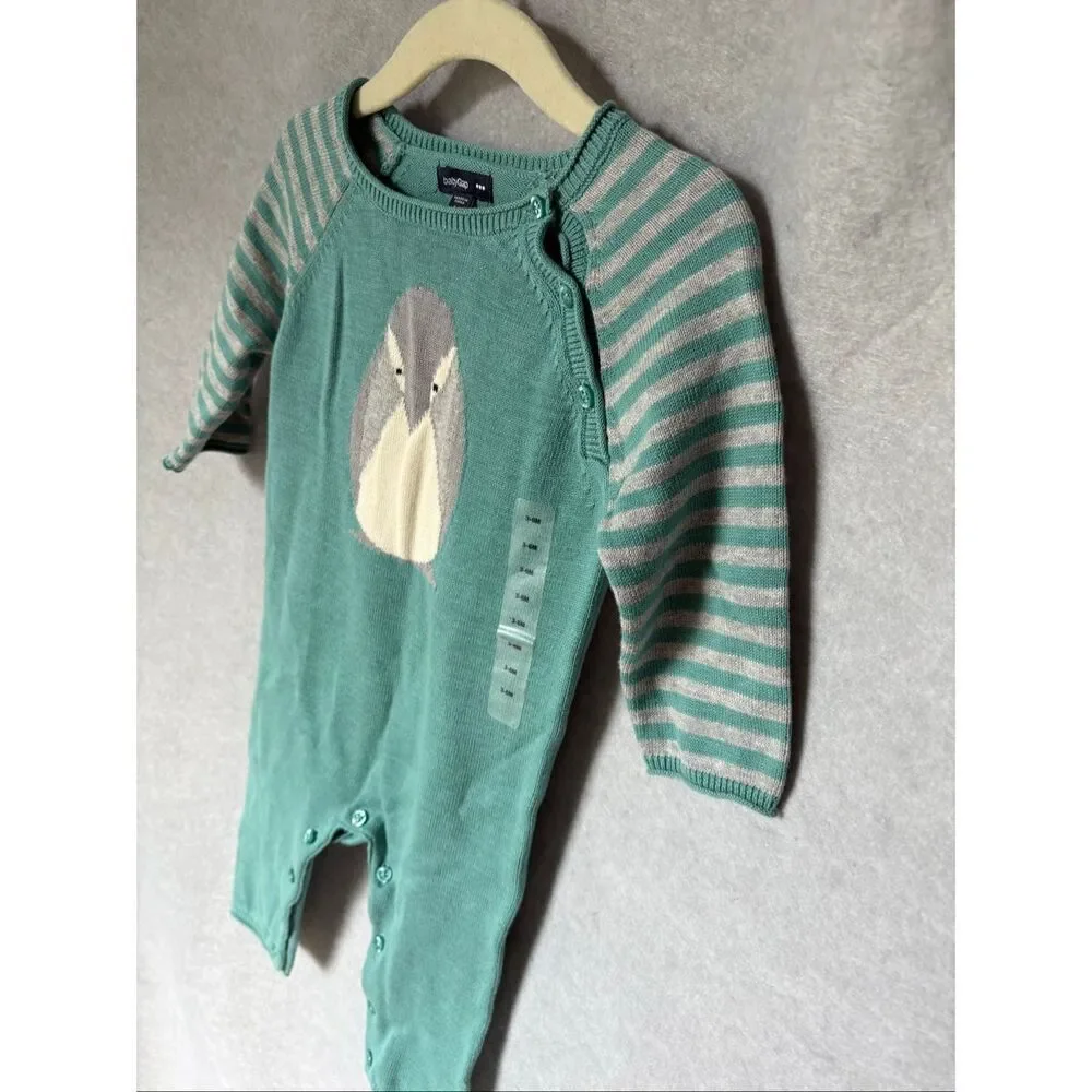 NWT Baby Gap Teal Knit Penguin Pajamas Coveralls Romper snap Closure size 3-6M